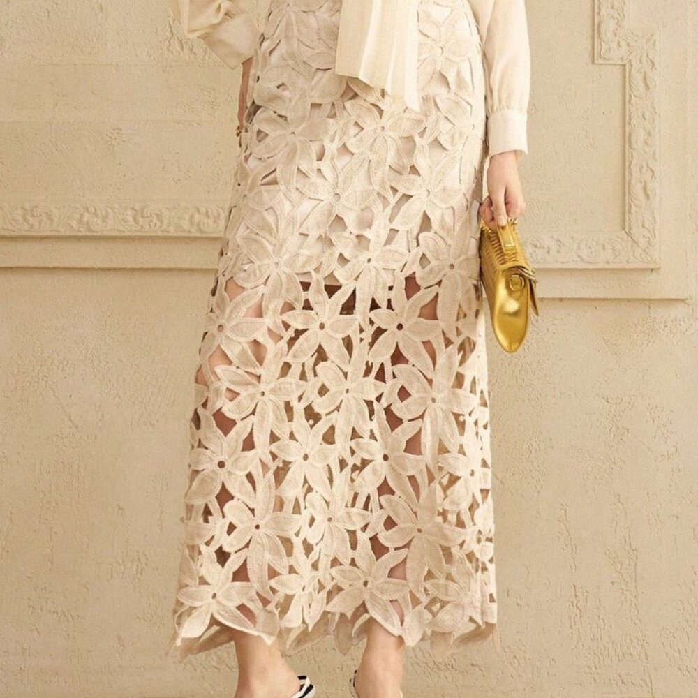 Khaki Casual Women's Floral Lace Cutout A-Line Skirt - Picture 7 of 9